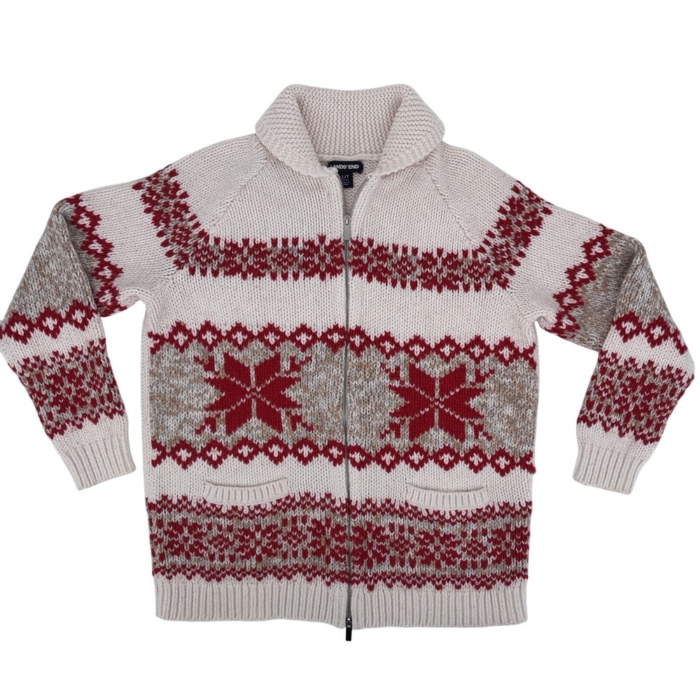Lands' End Womens Zip Cardigan Sweater Large Tall 14-16 Holiday Nordic Cabincore